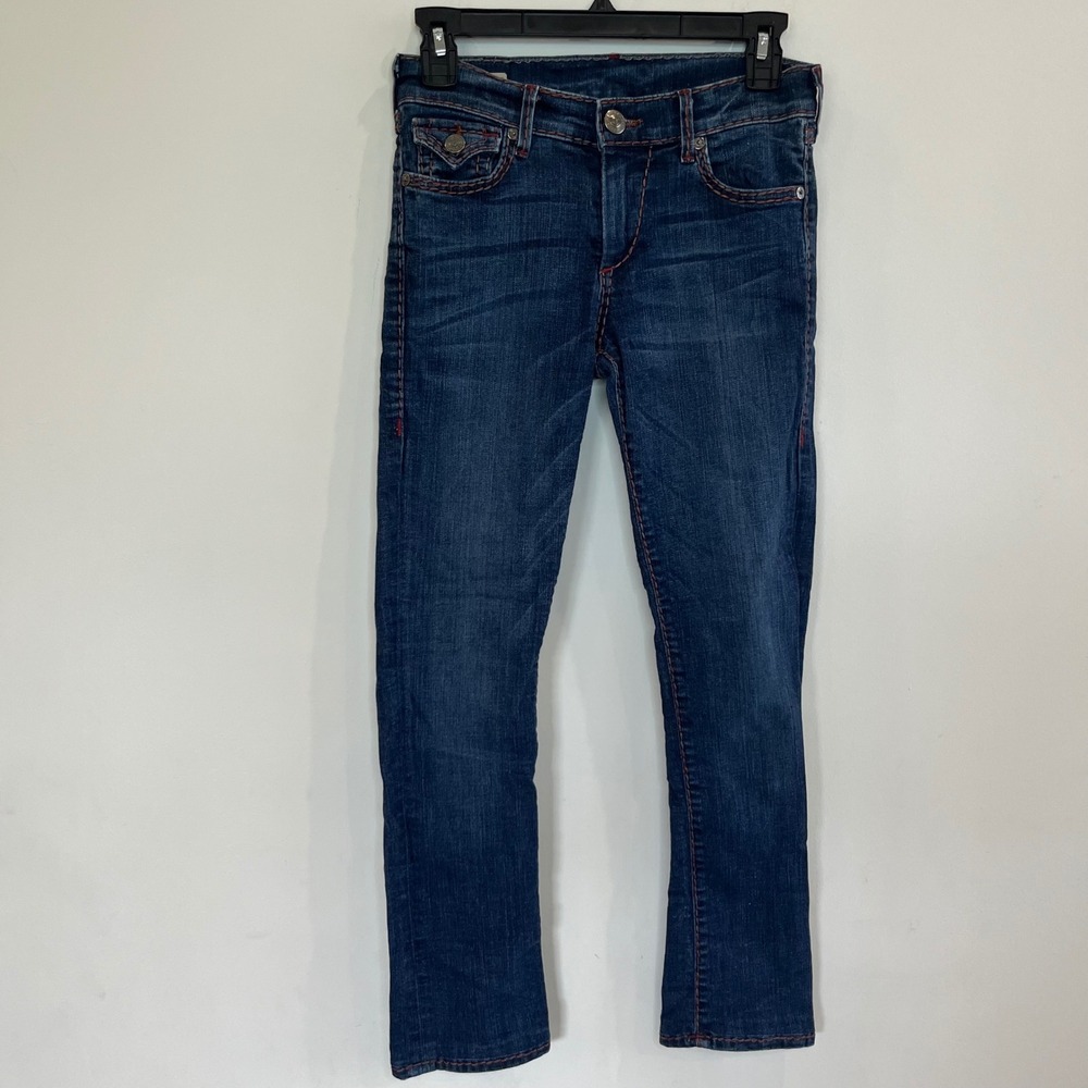 True Religion Cora Mid Rise Straight Leg Jeans Dark Wash Orange Stitch Size 25